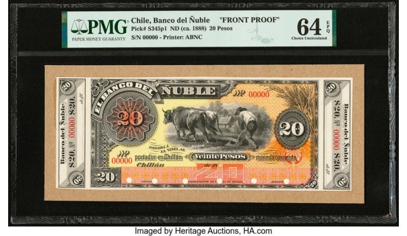 Chile Banco del Nuble 20 Pesos 18xx (ca. 1888) Pick S345p1 Front Proof PMG Choic...
