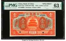 China Bank of China 1 Dollar or Yuan 9.1918 Pick 51ps S/M#C294-100p Specimen PMG Choice Uncirculated 63 EPQ. Red Specimen overprints; two POCs.

HID09...