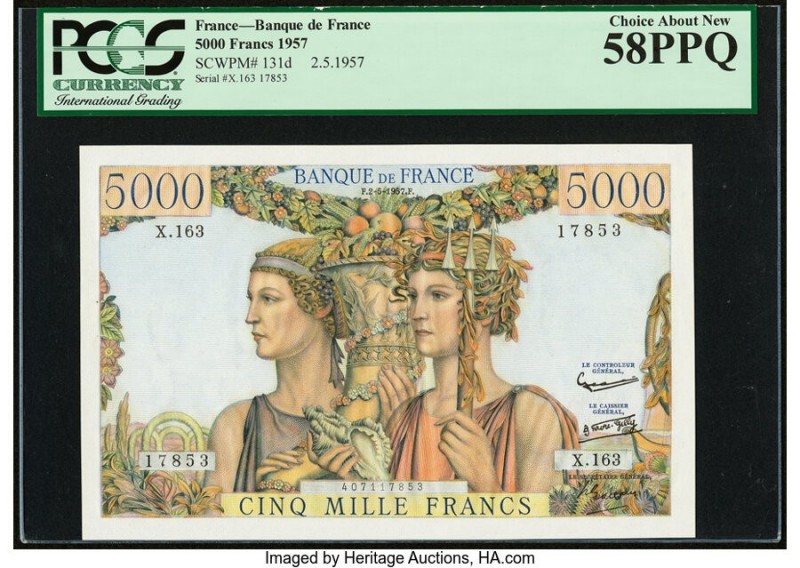 France Banque de France 5000 Francs 2.5.1957 Pick 131d PCGS Currency Choice Abou...
