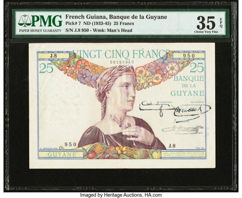 French Guiana Banque de la Guyane 25 Francs ND (1933-45) Pick 7 PMG Choice Very ...