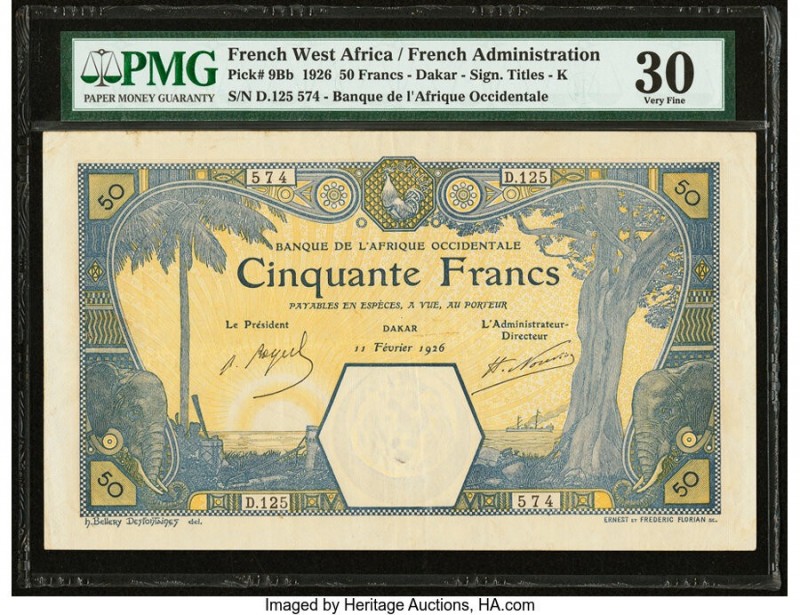 French West Africa Banque de l'Afrique Occidentale 50 Francs 11.2.1926 Pick 9Bb ...