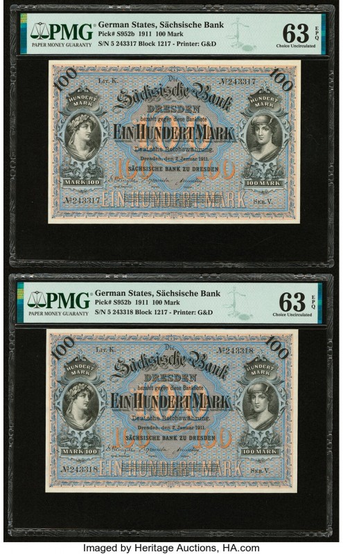 German States Bank of Saxony 100 Mark 1911 Pick S952b Two Consecutive Examples P...