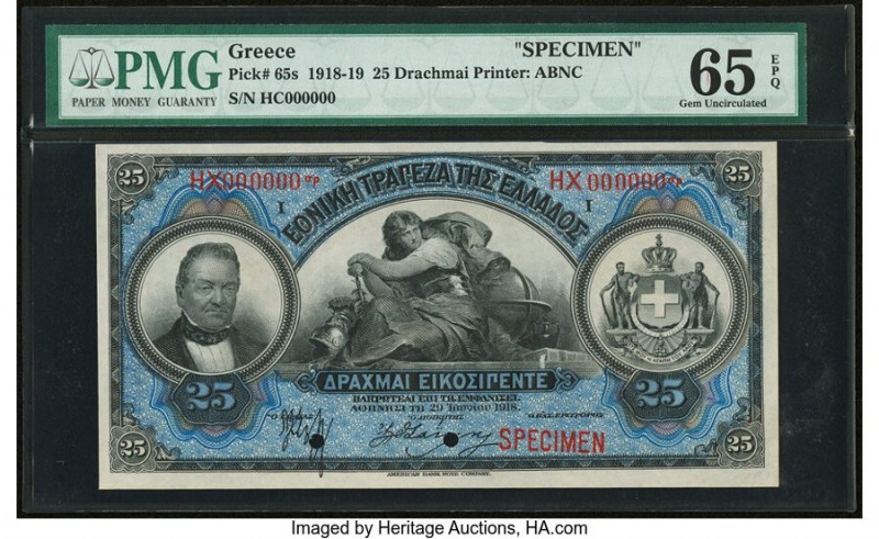 Greece National Bank of Greece 25 Drachmai 1918 Pick 65s Specimen PMG Gem Uncirc...