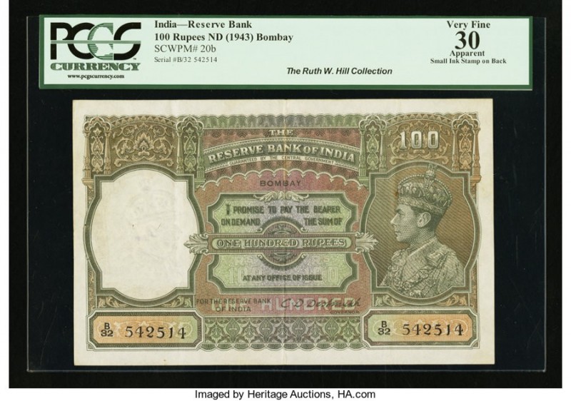 India Reserve Bank of India, Bombay 100 Rupees ND (1943) Bombay Pick 20b PCGS Cu...