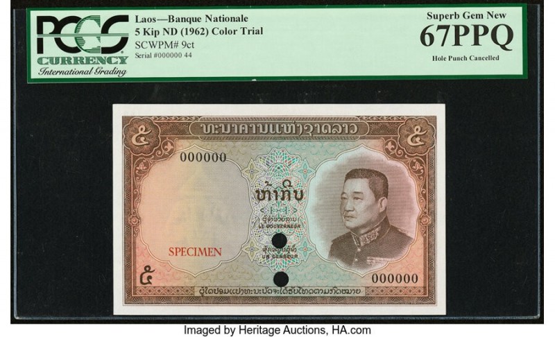 Lao Banque Nationale du Laos 5 Kip ND (1962) Pick 9ct Color Trial Specimen PCGS ...