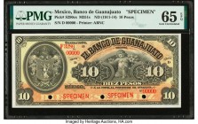 Mexico Banco de Guanajuato 10 Pesos ND (1914-11) Pick S290cs M351s Specimen PMG Gem Uncirculated 65 EPQ. Red Specimen overprints; printer's stamp; thr...