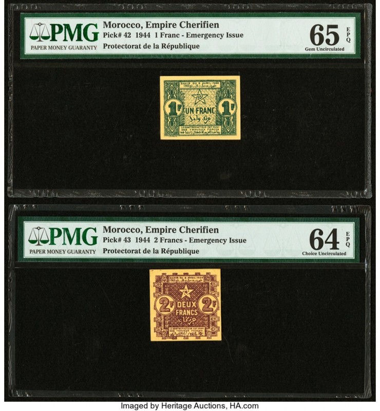 Morocco Empire Cherifien 1; 2 Francs 6.4.1944 Pick 42; 43 Two Examples PMG Gem U...