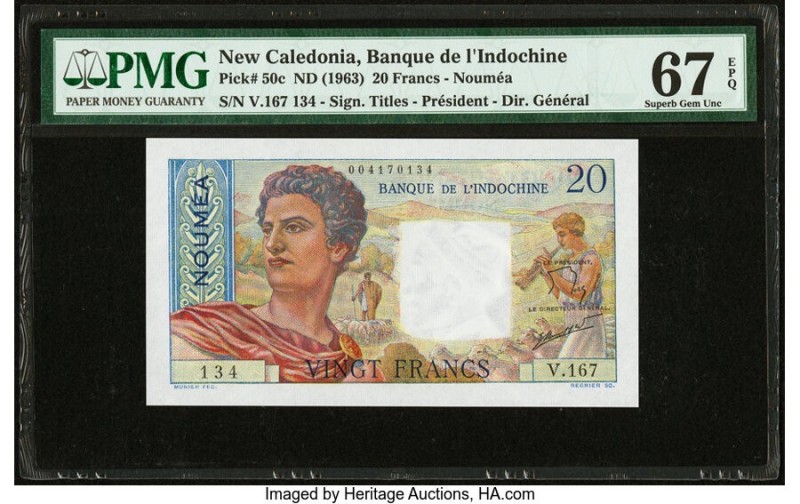 New Caledonia Banque de l'Indochine, Noumea 20 Francs ND (1963) Pick 50c PMG Sup...