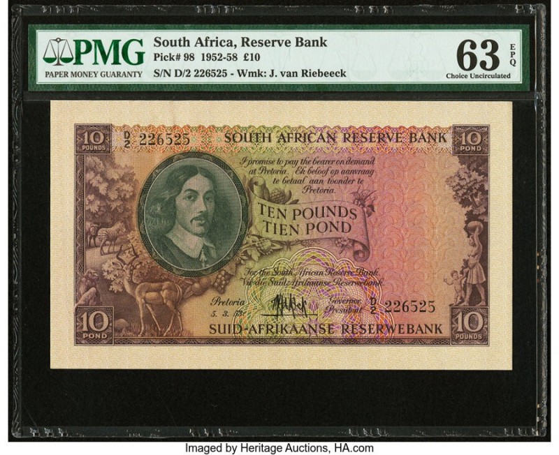 South Africa South African Reserve Bank 10 Pounds 5.3.1953 Pick 98 PMG Choice Un...