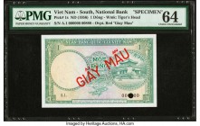 South Vietnam National Bank of Viet Nam 1 Dong ND (1956) Pick 1s Specimen PMG Choice Uncirculated 64. Red Giay Mau overprints; one POC.

HID0980124201...