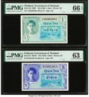 Thailand Government of Thailand 1; 5 Baht ND (1946) Pick 63; 64 Two Examples PMG Gem Uncirculated 66 EPQ; Choice Uncirculated 63. Pinholes noted on th...