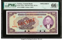 Turkey Central Bank 50 Lira 1930 (ND 1942) Pick 142As Specimen PMG Gem Uncirculated 66 EPQ. Red Gecmez overprints; four POCs.

HID09801242017

© 2020 ...