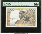 West African States Banque Centrale des Etats de L'Afrique de L'Ouest, Ivory Coast 1000 Francs ND (1959-65) Pick 103Am PMG Gem Uncirculated 66 EPQ. 

...