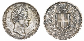 Regno di Sardegna
Carlo Alberto (1831-1849)
5 Lire 1833 - Zecca: Genova - Diritto: effigie del Re a destra - Rovescio: stemma di Casa Savoia coronat...
