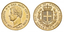 Regno di Sardegna
Carlo Alberto (1831-1849)
20 Lire 1849 - Zecca: Genova - Diritto: effigie del Re a sinistra - Rovescio: stemma completo di Casa Sa...