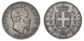 Regno d'Italia
Vittorio Emanuele II (1861-1878)
5 Lire 1861 - Zecca: Torino - Diritto: effigie del Re a destra - Rovescio: stemma di Casa Savoia cor...