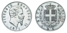 Regno d'Italia
Vittorio Emanuele II (1861-1878)
5 Lire 1871 - Zecca: Roma - Diritto: effigie del Re a destra - Rovescio: stemma di Casa Savoia coron...