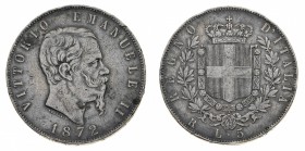Regno d'Italia
Vittorio Emanuele II (1861-1878)
5 Lire 1872 - Zecca: Roma - Diritto: effigie del Re a destra - Rovescio: stemma di Casa Savoia coron...