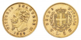 Regno d'Italia
Vittorio Emanuele II (1861-1878)
5 Lire 1865 - Zecca: Torino - Diritto: effigie del Re a sinistra - Rovescio: stemma di Casa Savoia c...