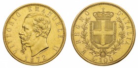 Regno d'Italia
Vittorio Emanuele II (1861-1878)
100 Lire 1872 - Zecca: Torino - Diritto: effigie del Re a sinistra - Rovescio: stemma di Casa Savoia...