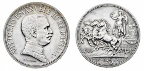 Regno d'Italia
Vittorio Emanuele III (1900-1946)
5 Lire Quadriga Briosa 1914 - Zecca: Roma - Diritto: effigie del Re a destra - Rovescio: l'Italia e...