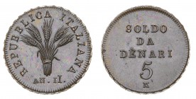 Collezione di Prove e Progetti
Prima Repubblica Italiana (1802-1805)
Progetto del Soldo da 5 Denari Anno II (1803) - Zecca: Milano - Diritto: cinque...