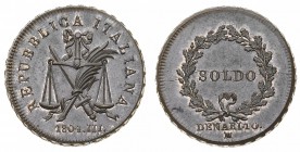 Collezione di Prove e Progetti
Prima Repubblica Italiana (1802-1805)
Progetto del Soldo 1804 Anno III - Zecca: Milano - Diritto: bilancia in equilib...