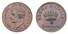 Collezione di Prove e Progetti
Napoleone I Re d'Italia (1805-1814)
Progetto del 3 Centesimi 1806 - Zecca: Milano - Diritto: effigie di Napoleone a s...