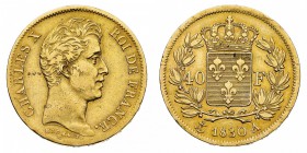 Europa
Francia
Carlo X (1824-1830) - 40 Franchi 1830 - Zecca: Parigi - Diritto: effigie del Re a destra - Rovescio: stemma coronato entro due rami d...