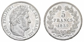 Europa
Francia
Luigi Filippo I (1830-1848) - 5 Franchi 1839 - Zecca: Parigi - Diritto: testa laureata di Luigi Filippo a destra - Rovescio: valore e...