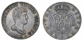 Europa
Spagna
Ferdinando VII (1808-1833) - 8 Reales 1813 - Zecca: Madrid - Diritto: busto di Ferdinando a destra - Rovescio: stemma di Spagna corona...