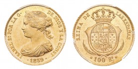 Europa
Spagna
Isabella II (1833-1868) - 100 Reales 1859 PCGS MS64 - Zecca: Barcellona - Diritto: effigia della Regina a destra - Rovescio: stemma co...
