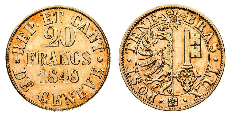Europa
Svizzera
Ginevra - 20 Franchi 1848 - Diritto: valore e data su tre righ...