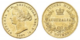 Oltremare
Australia
Victoria (1837-1901) - Sovereign 1867 - Zecca: Sidney - Diritto: effigie giovanile della Regina a sinistra - Rovescio: leggenda ...