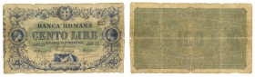 Cartamoneta
Banca Romana
Biglietto da 100 Lire - Creazione 1872 - Molto raro - Mancanze e debolezze della carta, ma di generale buona qualità - (Gav...