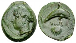 Syracuse AE Hemilitron, c. 400 BC 

Sicily, Syracuse. AE Hemilitron (15-18 mm, 3.99 g), c. 400 BC. 
Obv. Head of Arethusa left, wearing single-pend...
