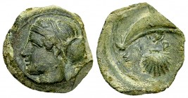 Syracuse AE Hemilitron, c. 400 BC 

Sicily, Syracuse. AE Hemilitron (16-17 mm, 3.46 g), c. 400 BC. 
Obv. Head of Arethusa left, wearing single-pend...