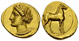 Carthage AV Stater, c. 350-320 BC

Zeugitania, Carthage. AV Stater (17-19 mm, 9.19 g), c. 350-320 BC.
Obv. Head of Tanit to left, wreathed with gra...