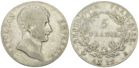 Napoléon I, AR 5 Francs l'an 12 A, Paris 

France. Napoléon I. AR 5 Francs l'an 12 A (24.62 g), Paris.
Gad. 579.

TB.