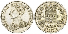 Henri V (prétendant), AR Franc 1831 

France. Henri V. Prétendant (1820-1883). AR Franc 1831 (23 mm, 4.99 g), Module de 1 Franc 1831.
Gad. 451.

...