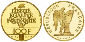 France, AV 100 Francs 1989, Human Rights 

France, 5e République. AV 100 Francs 1989 (16.99 g), Human Rights. 1/2 Ounce.
KM 970b. 
Proof.