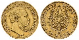 Hessen, AV 10 Mark 1880 H 

Deutschland. Hessen, Grossherzogtum. Ludwig IV (1877-1892). AV 10 Mark 1880 H (3.94 g).
J. 219.

Sehr schön.