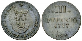 Mecklenburg-Strelitz, AE 3 Pfennig 1747 

Deutschland, Mecklenburg-Strelitz. Adolf Friedrich III (1708-1752). AE 3 Pfennig 1747 CHI (3.34 g).
KM 24...