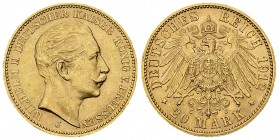 Preussen, AV 20 Mark 1912 J 

Deutschland, Preussen. Wilhelm II. AV 20 Mark 1912 J (7.96 g).
AKS 124.

Selteneres Münzzeichen. Vorzüglich.