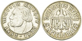 Weimarer Republik, AR 5 Reichsmark 1933 J, Luther 

Deutschland, Weimarer Republik. AR 5 Reichsmark 1933 J (13.89 g). Martin Luther.
 AKS 69.

Gu...