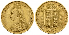 Victoria AV 1/2 Sovereign 1887 

Great Britain. Victoria. AV 1/2 Soverign 1887 (3.95 g). Shield type.
KM 766.

Good very fine.