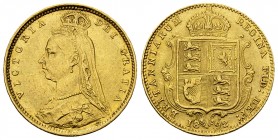 Victoria AV 1/2 Sovereign 1892 

Great Britain. Victoria. AV 1/2 Soverign 1892 (3.99 g). Shield type.
KM 766.

Good very fine.