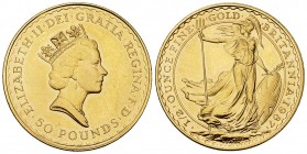 Great Britain AV 50 Pounds 1987, Britannia 

Great Britain. Elizabeth II. AV 50 Pounds 1987 (17.06 g). Britannia. 1/2 Ounce.
KM 952.

Almost unci...