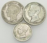 Spain, Lot of 3 AR coins 

Spain. Lot of 3 (three) AR coins:

Peseta 1902.
Peseta 1904.
50 Cenimos 1904.

Fine/very fine. (3)

Lot sold as i...