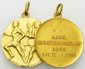 Aargau, Lot von 2 vergoldeten AE Medaillen 

Schweiz, Aargau. Lot von 2 (zwei) vergoldeten AE Medaillen. Aarg. Orientierungslauf, Kat. II, 1. Rang. ...